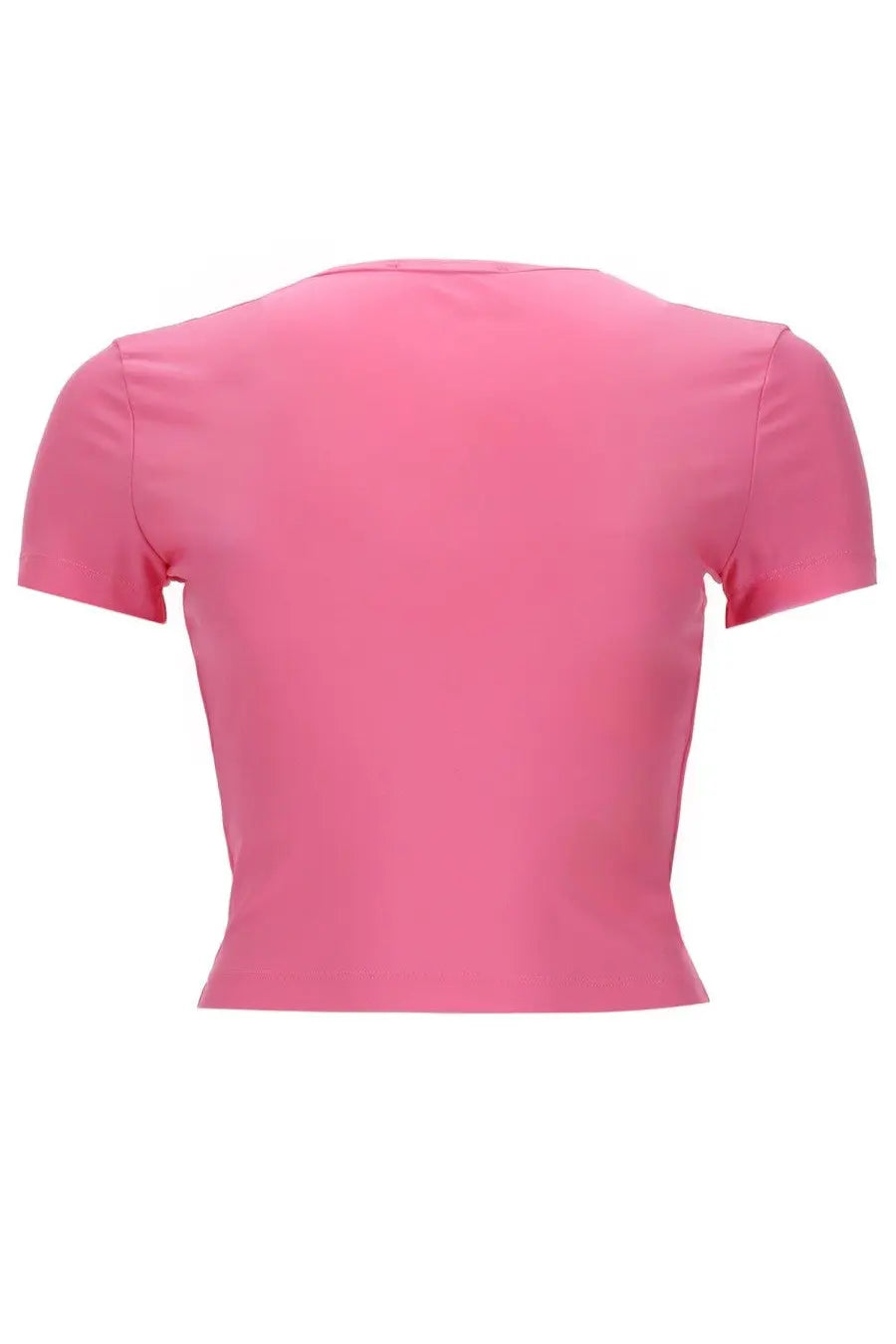 Versace Jeans Couture women’s vibrant pink short-sleeved crop top with smooth fabric and rounded neckline