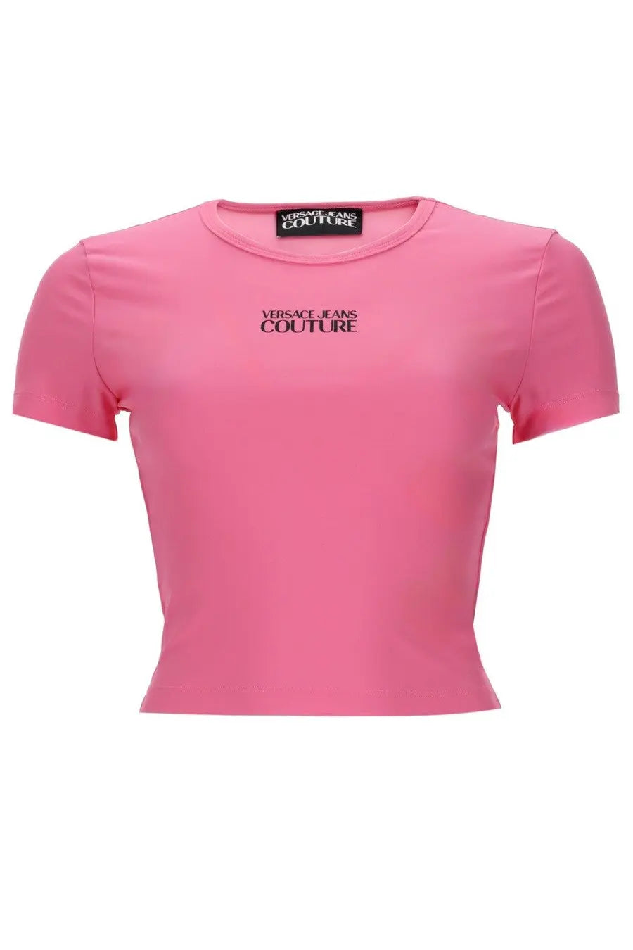 Versace Jeans Couture women’s pink short-sleeved crop top with round neckline and black chest branding