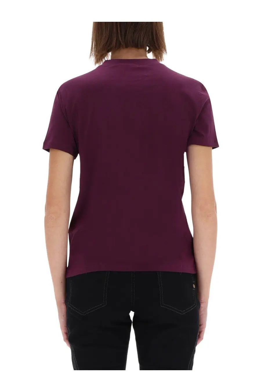 A deep purple short-sleeved Versace Jeans Couture women’s shirt with a simple crew neck design