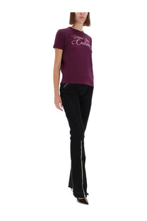 Versace Jeans Couture women’s deep purple t-shirt with white cursive logo across the chest for casual wear