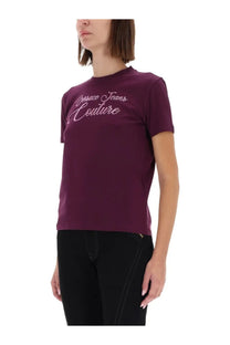 Versace Jeans Couture women’s red t-shirt featuring a maroon color and sparkling silver script logo across the chest