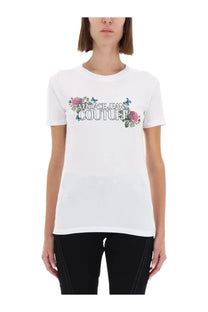 Versace Jeans Couture women’s white shirt with central embroidered floral and butterfly motif featuring pink roses