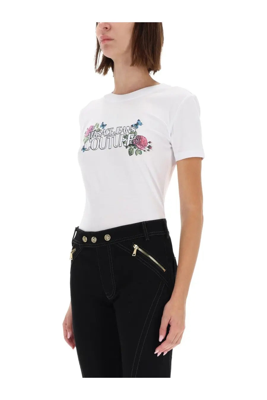 Versace Jeans Couture women’s white t-shirt with colorful floral and butterfly embroidery across the chest