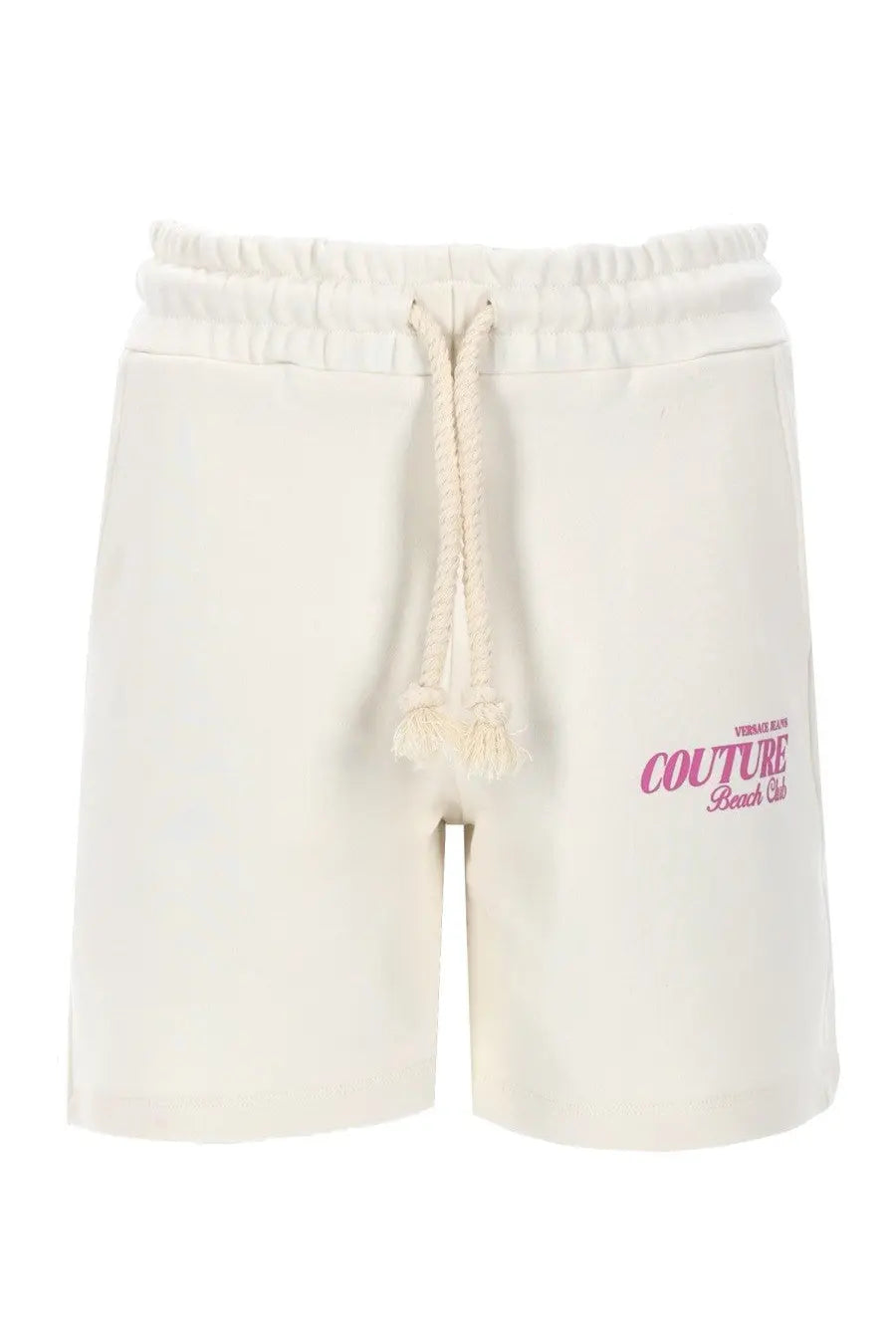 Versace Jeans Couture women’s cream cotton shorts with drawstring waistband and pink embroidery on left leg