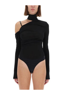 Versace jeans couture women black one-shoulder high-neck bodysuit with long sleeves and ruched detailing