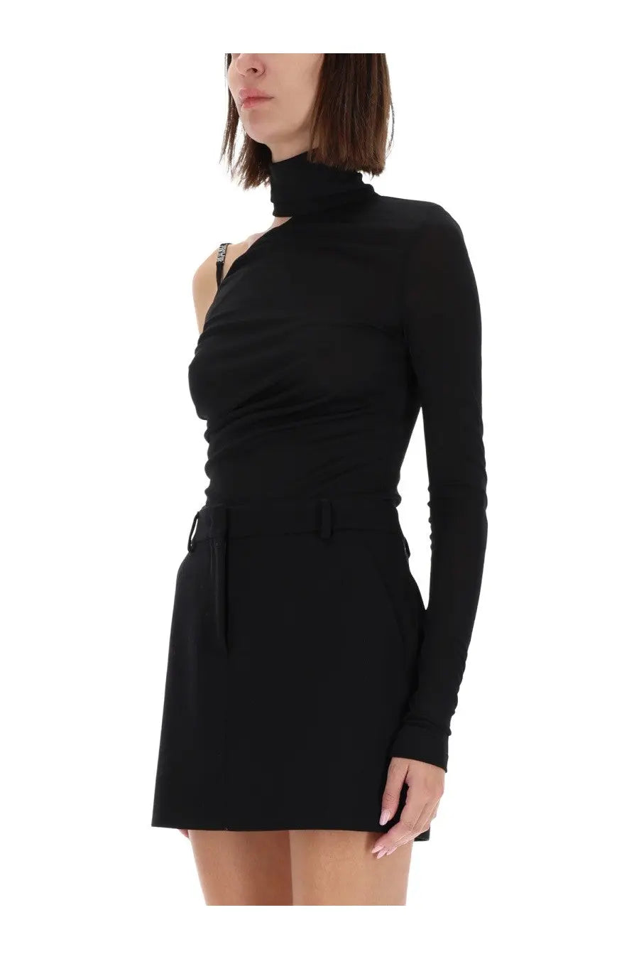 Versace Jeans Couture women’s black one shoulder body top with high neck long sleeves and belted waist