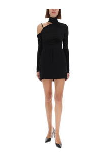 Versace Jeans Couture women’s black one shoulder mini dress with high neckline and long sleeves body top