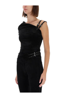Versace Jeans Couture women’s black velvet one-shoulder top with adjustable strap buckles and matching belt detail