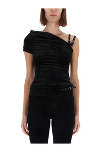 Versace jeans couture women’s black velvet one shoulder top with adjustable strap and belt detail front view
