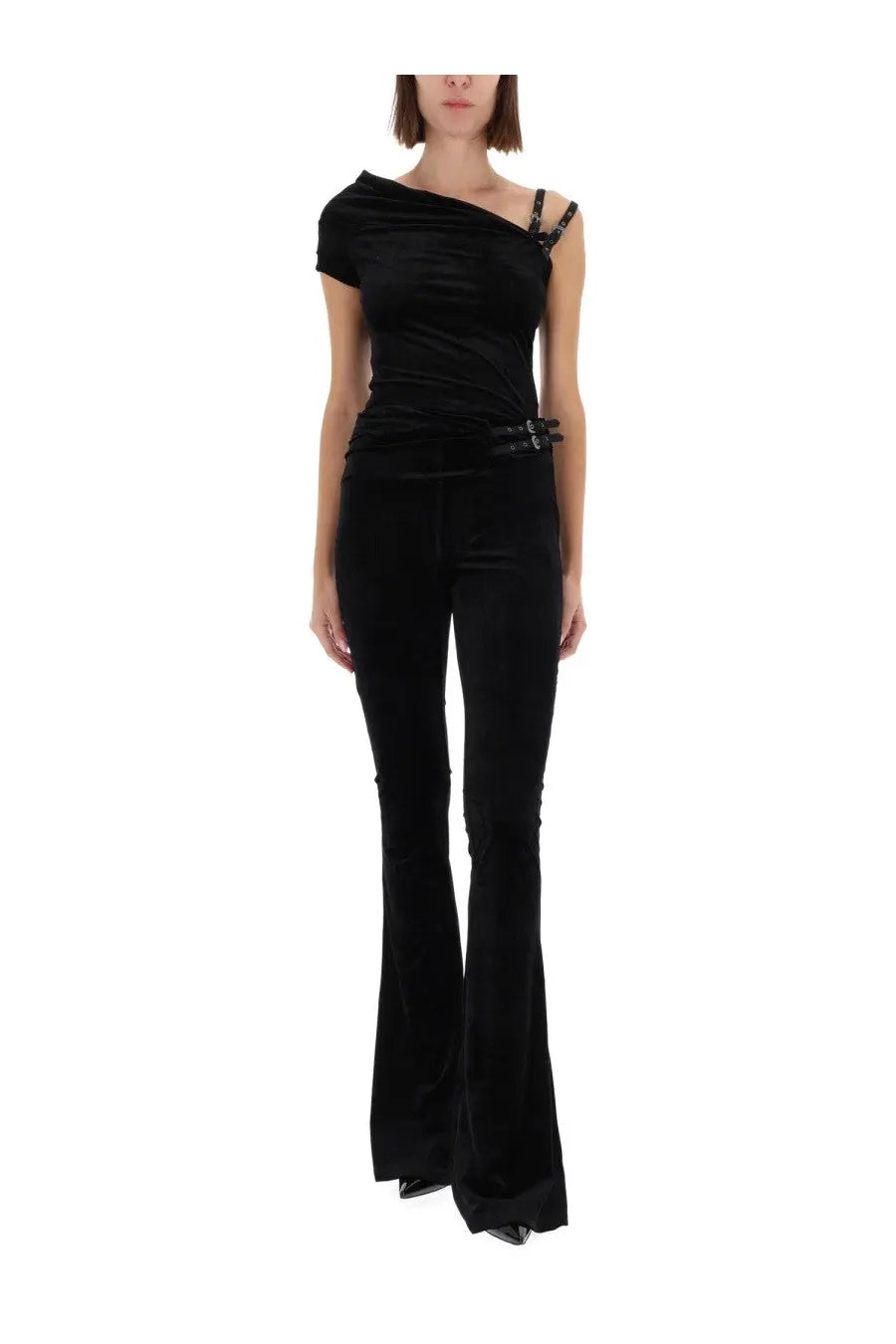 Black velvet one shoulder top by Versace Jeans Couture with embellished straps and cinched waist belt