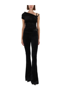 Black velvet one shoulder top by Versace Jeans Couture with embellished straps and cinched waist belt