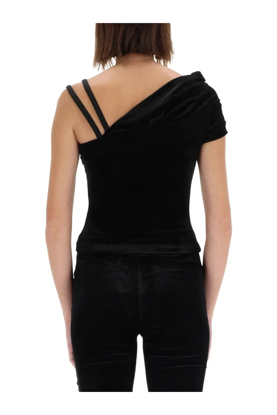 Versace Jeans Couture women’s black velvet one shoulder top with ruched detailing and thin strap accents