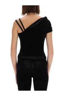 Versace Jeans Couture women’s black velvet one shoulder top with ruched detailing and thin strap accents