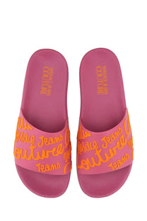 Versace Jeans Couture women’s pink slide sandals with vibrant orange script branding in a casual style