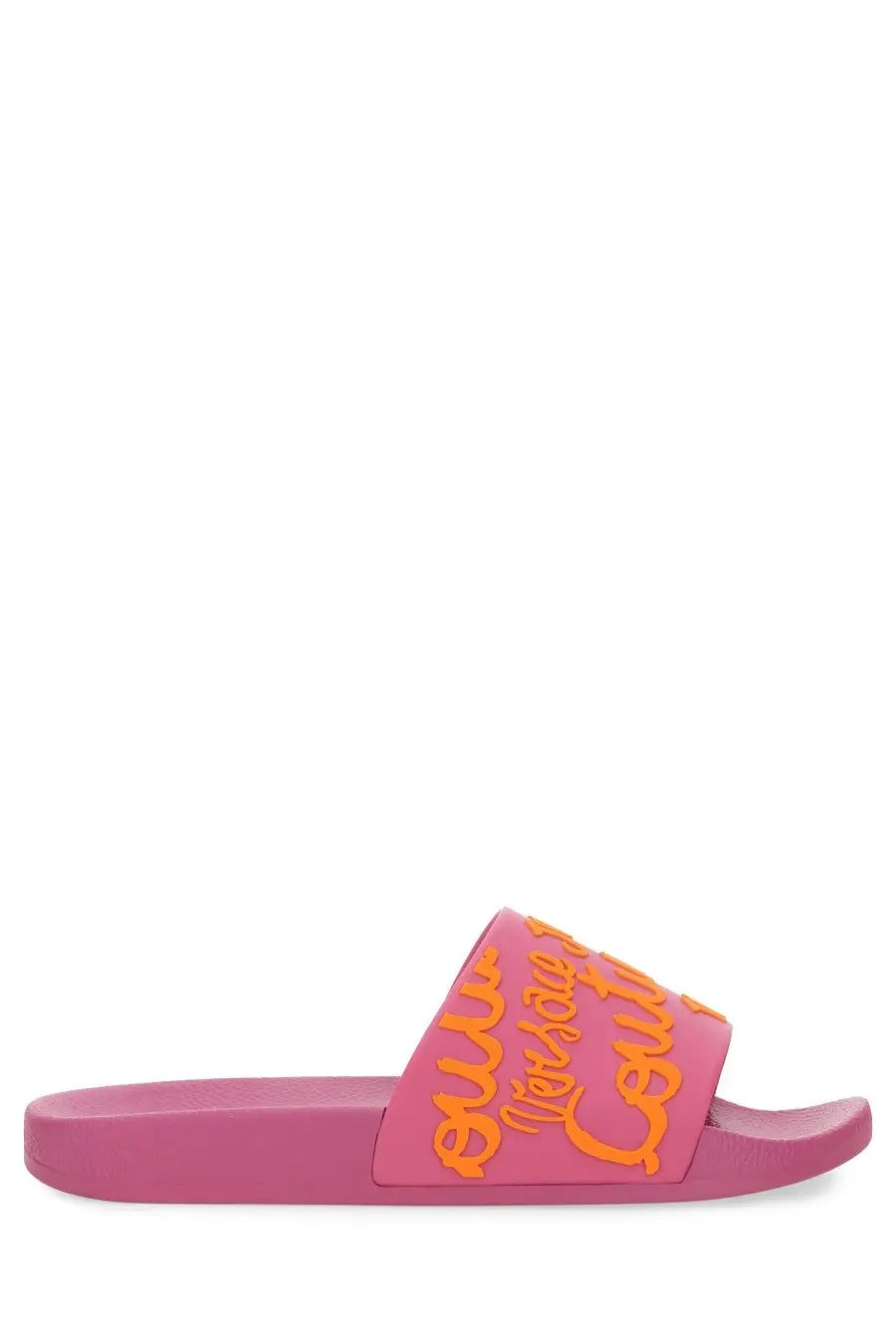 Pink rubber slide sandal with orange kenzo branding for women in a versace jeans couture blue collection