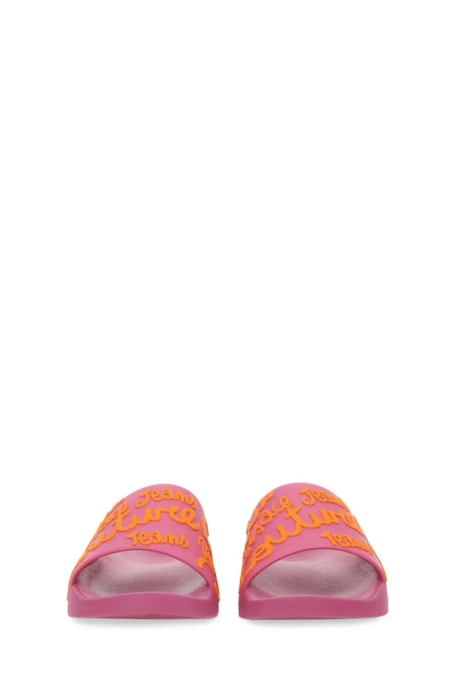 Pink rubber slide sandals with orange justice lettering by Versace Jeans Couture women’s blue collection