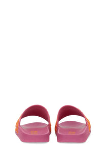 Pink versace jeans couture women’s slide sandal with orange patterned fabric straps and rubber sole