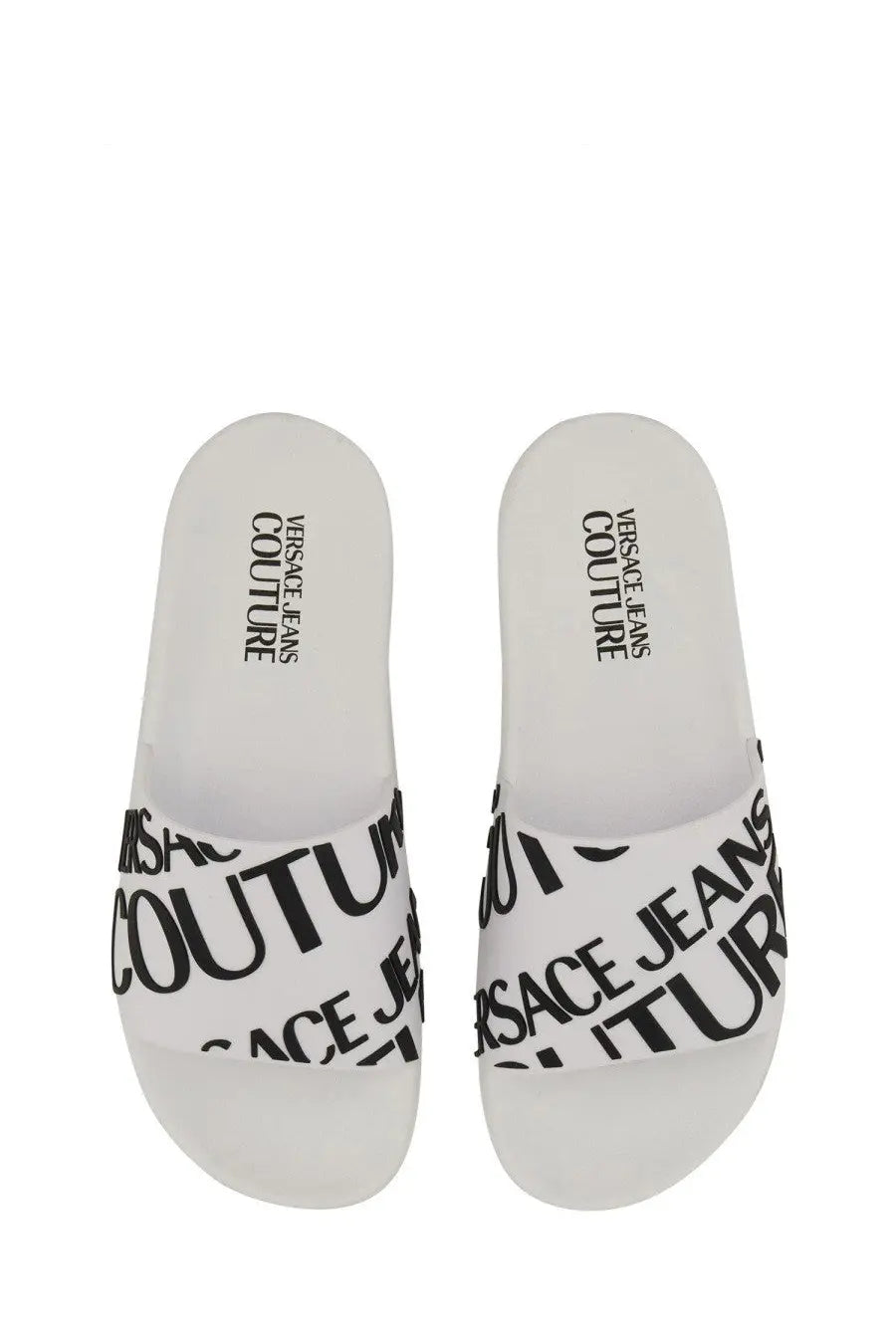 Versace jeans couture women’s white slide sandal with bold black logo print on synthetic material