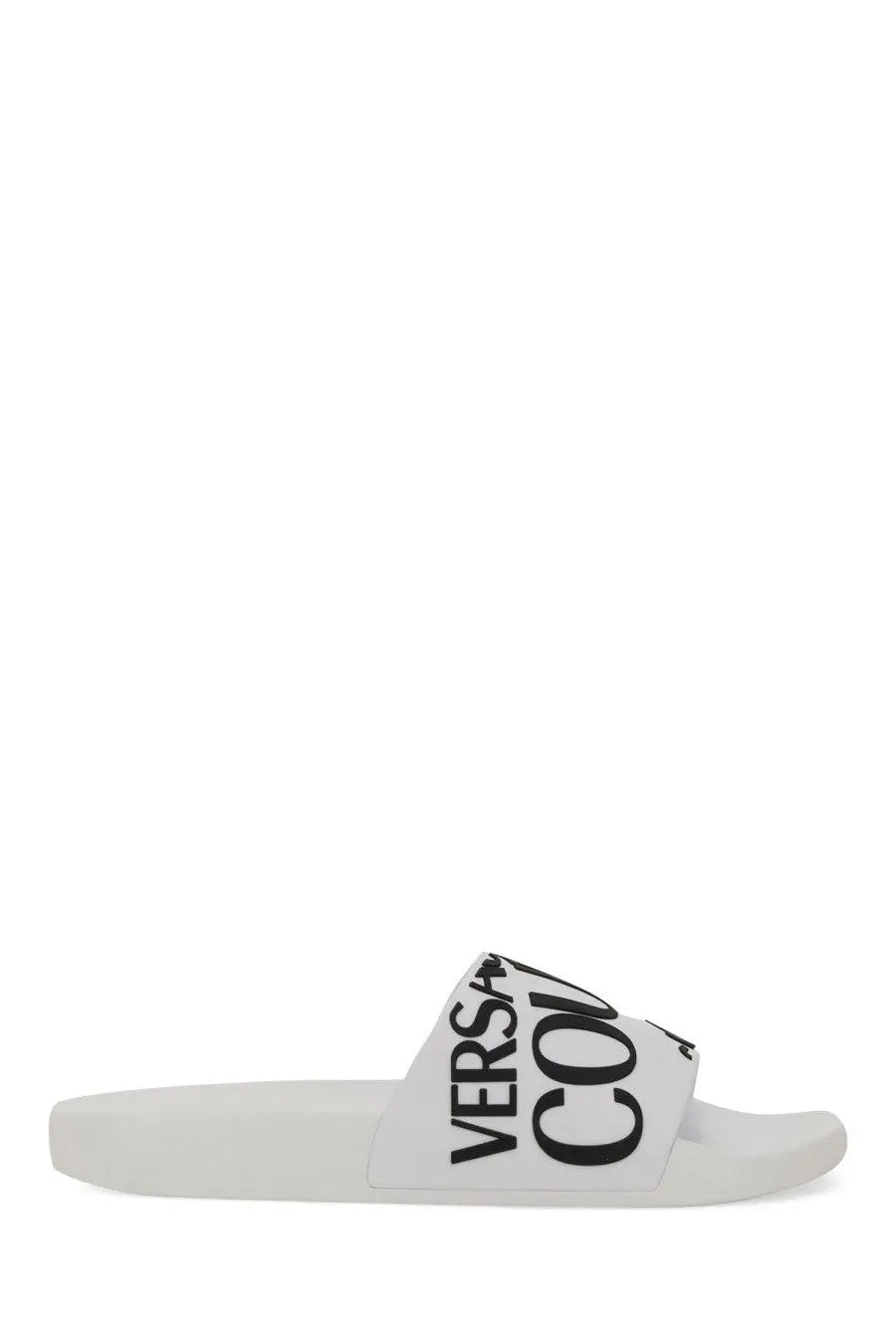 Versace Jeans Couture women’s white slide sandal with bold black logo branding on leather upper