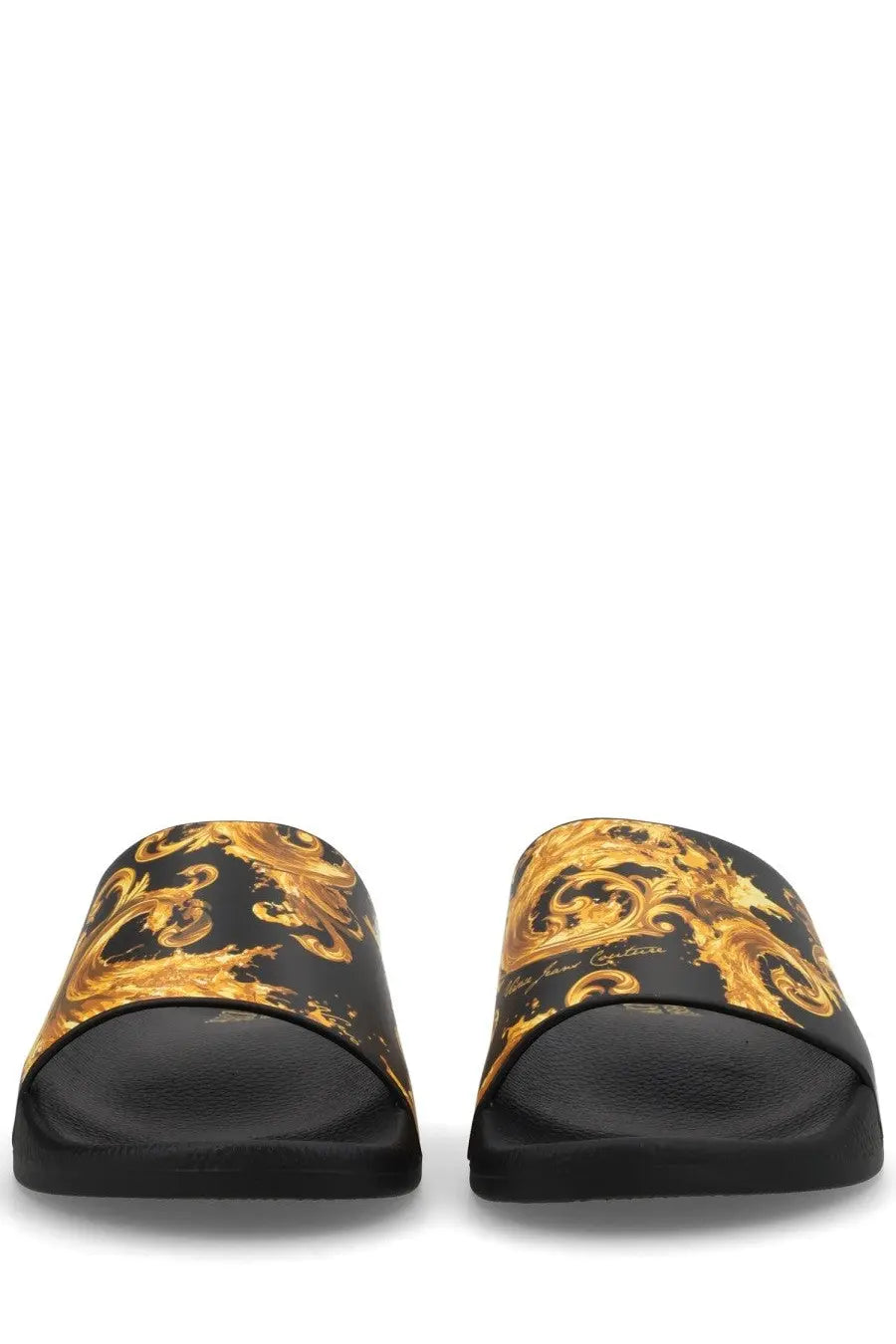 Versace jeans couture women’s slides black with black and gold ornate patterned design for stylish casual wear