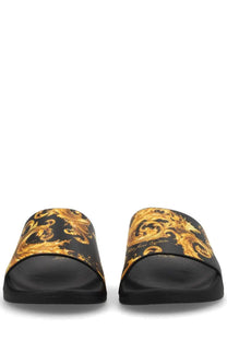 Versace jeans couture women’s slides black with black and gold ornate patterned design for stylish casual wear