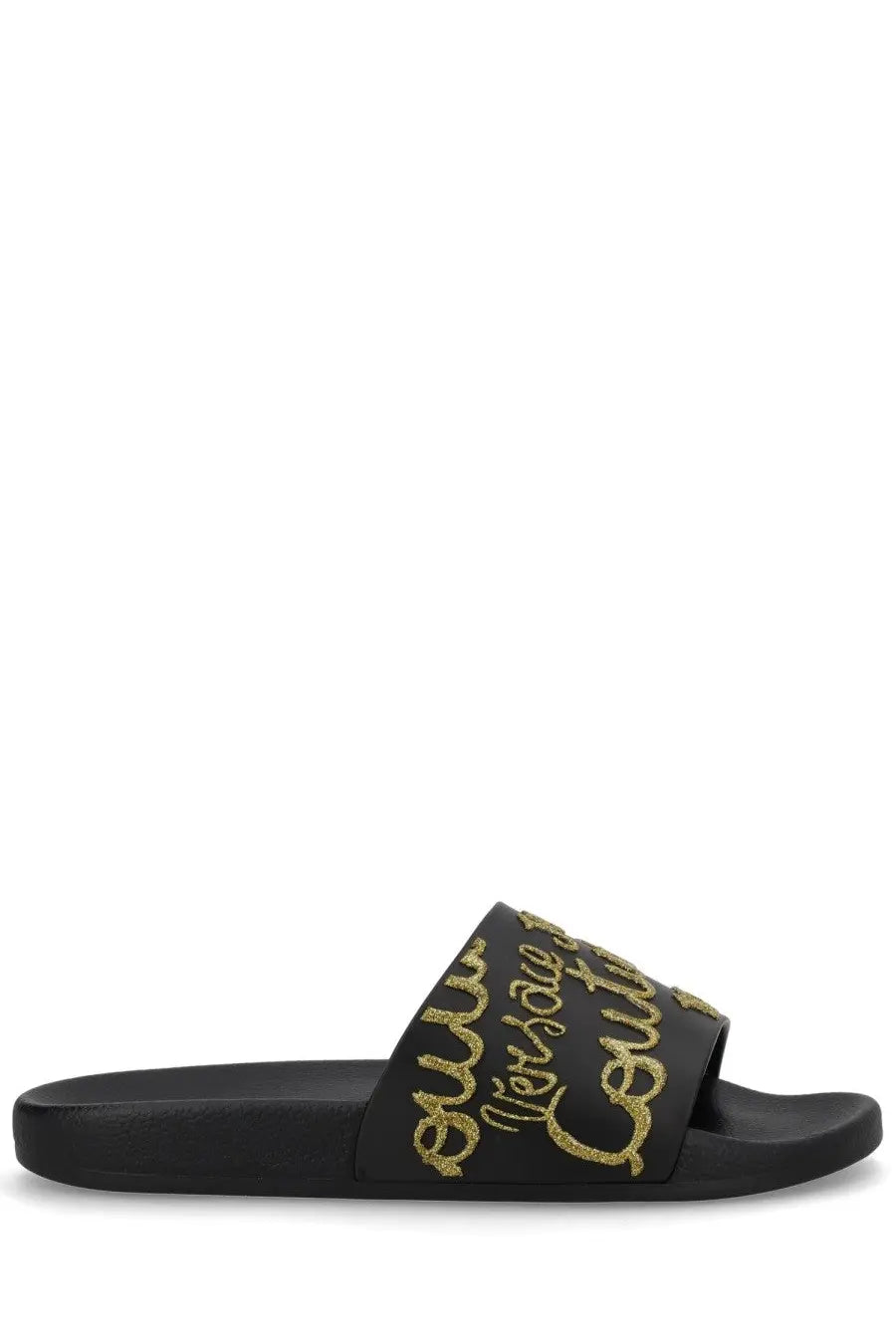 Black rubber slide sandal with gold glitter versace jeans couture logo on the strap for women