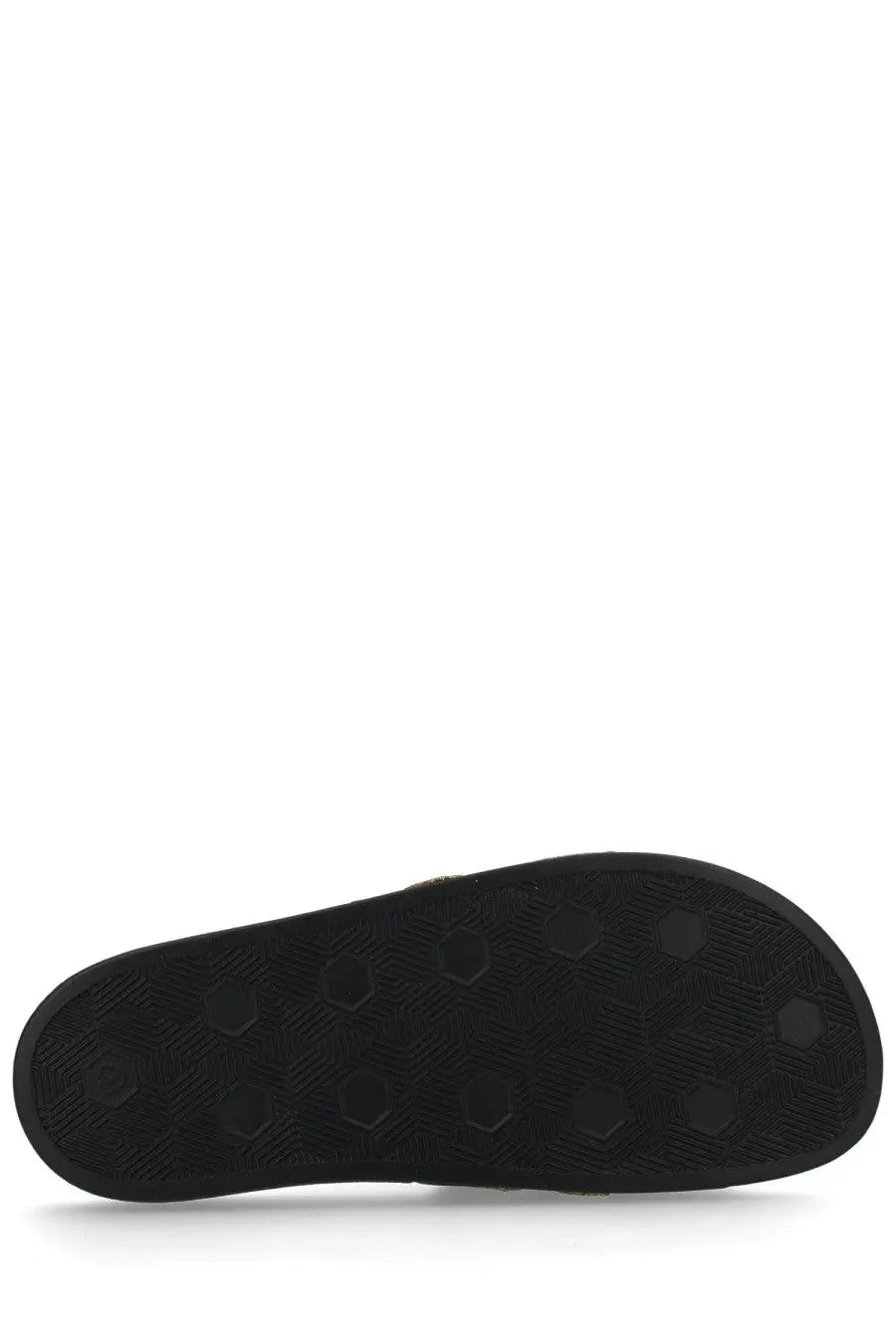 Black rubber sole with hexagonal tread pattern on versace jeans couture women’s black slides back side