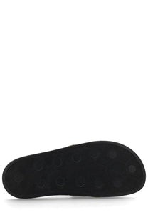 Black rubber sole with hexagonal tread pattern on versace jeans couture women’s black slides back side