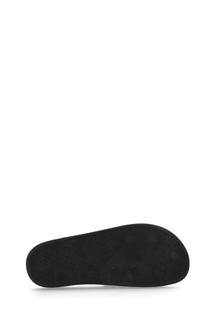 Versace Jeans Couture women’s black slides with a black rubber sole featuring a textured hexagonal pattern