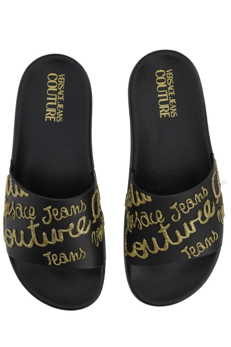 Versace jeans couture women’s black slide sandals featuring gold glitter lettering on the strap