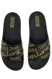 Versace jeans couture women’s black slide sandals featuring gold glitter lettering on the strap