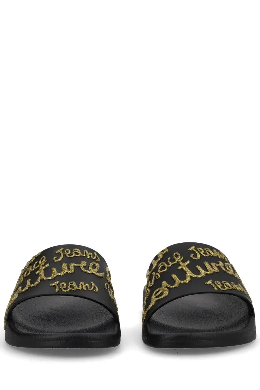 Versace Jeans Couture women’s black slide sandals with gold glitter lettering for casual wear