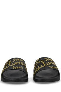 Versace Jeans Couture women’s black slide sandals with gold glitter lettering for casual wear