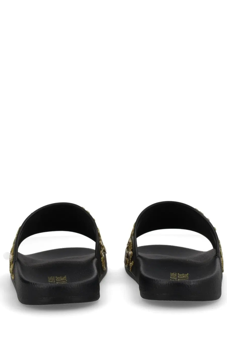 Versace jeans couture women’s black slide sandals with gold-tone embellishments along the sides