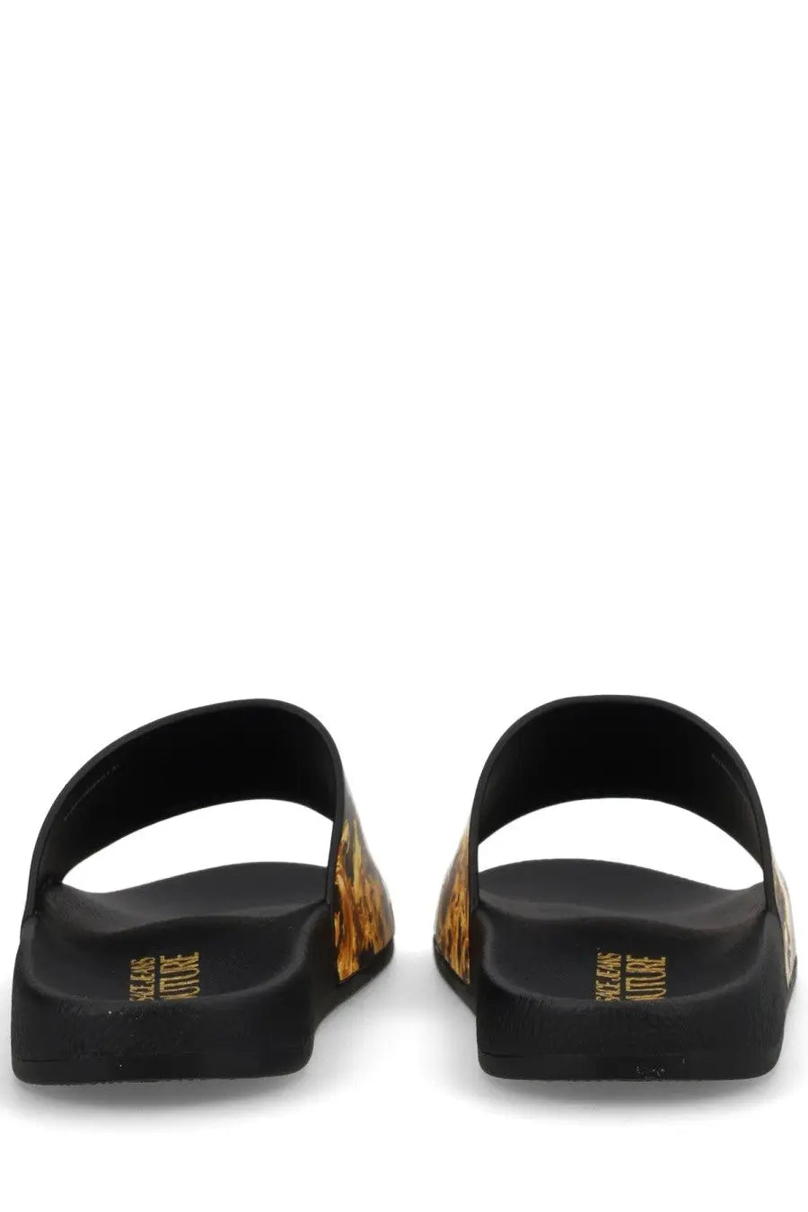 Versace jeans couture women’s black slide sandals with gold-toned flame-patterned side panels and embossed heel branding