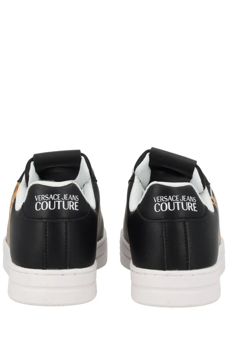 Versace Jeans Couture women’s sneaker con wave black leather with white soles and gold-tone branding accents