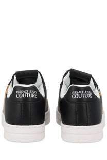 Versace Jeans Couture women’s sneaker con wave black leather with white soles and gold-tone branding accents