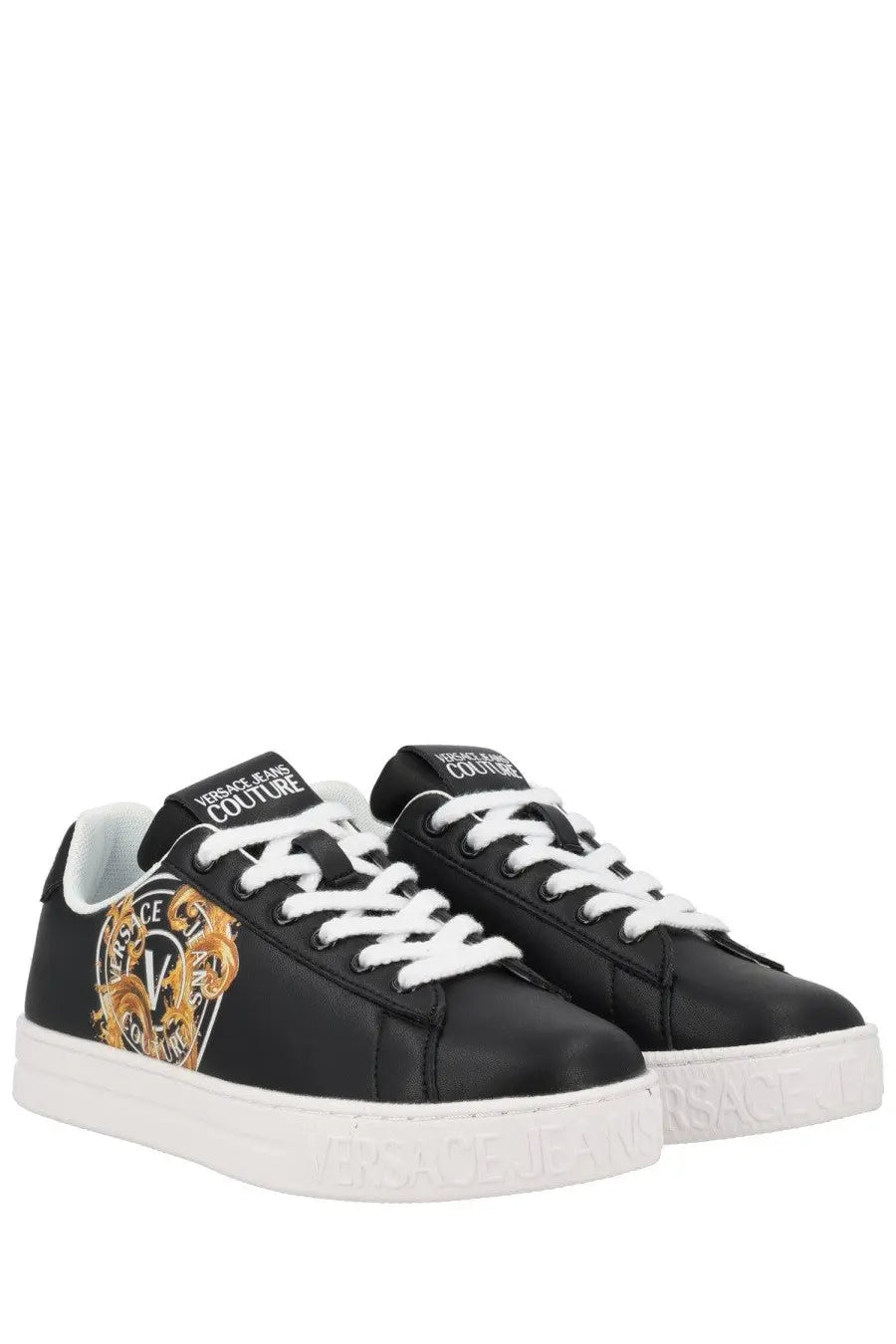 Versace Jeans Couture women’s sneaker con wave in black leather with gold and white logo detailing and white rubber sole