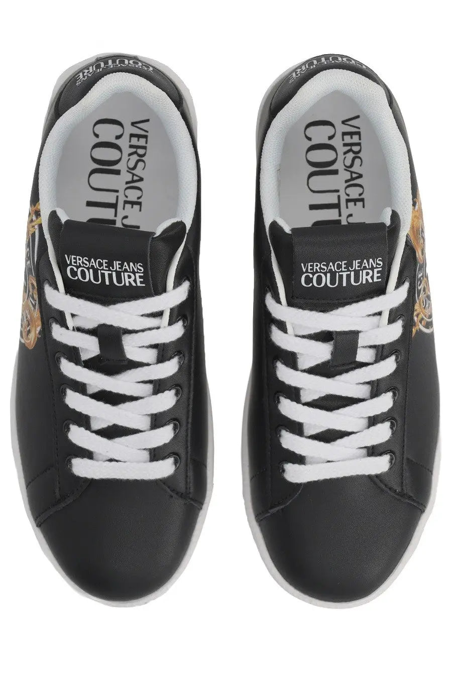 Versace Jeans Couture women’s black leather sneakers with white laces and gold tiger embroidery on the side