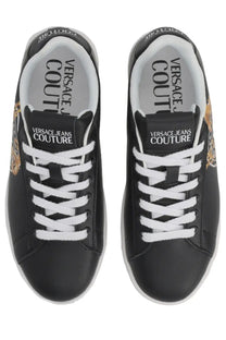 Versace Jeans Couture women’s black leather sneakers with white laces and gold tiger embroidery on the side