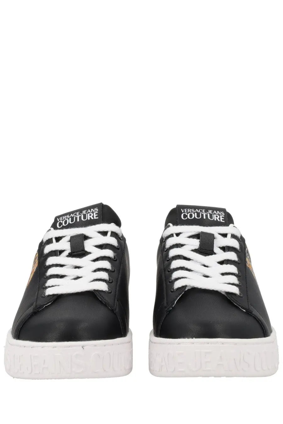 Versace Jeans Couture women’s black leather sneaker with white laces and contrasting white rubber sole