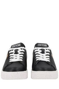 Versace Jeans Couture women’s black leather sneaker with white laces and contrasting white rubber sole