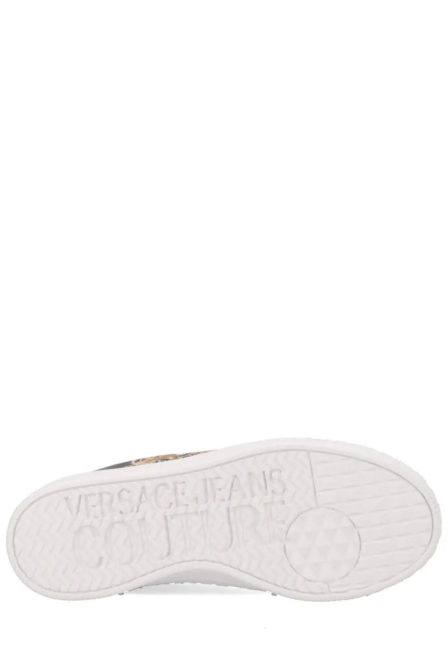 Versace jeans couture women’s sneaker con wave black showing white rubber sole with embossed branding on back side