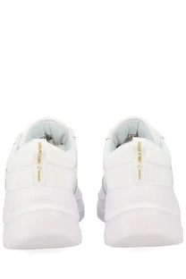 Back view of versace jeans couture women’s white emanuela sneakers with gold heel branding and chunky sculpted sole