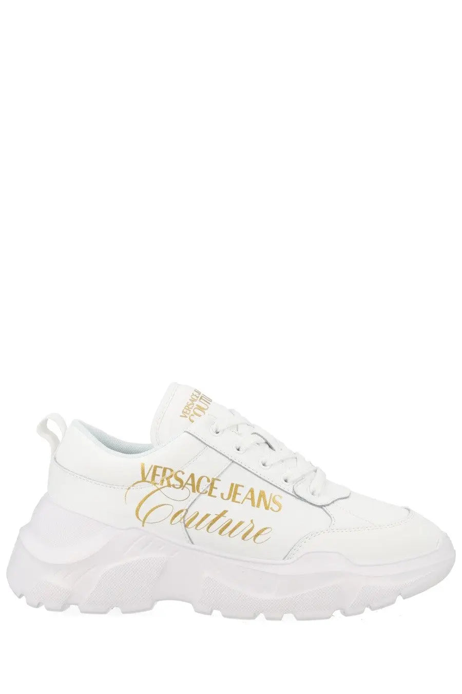 Versace Jeans Couture women’s white leather sneaker with gold script branding and chunky sole for stylish wear