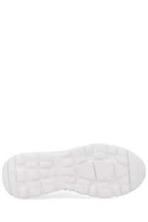 Versace jeans couture women’s sneaker con white with white rubber sole and geometric tread pattern detail