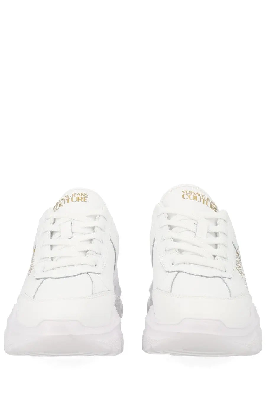 Versace Jeans Couture women’s white sneaker with gold branding and chunky sole in con white style