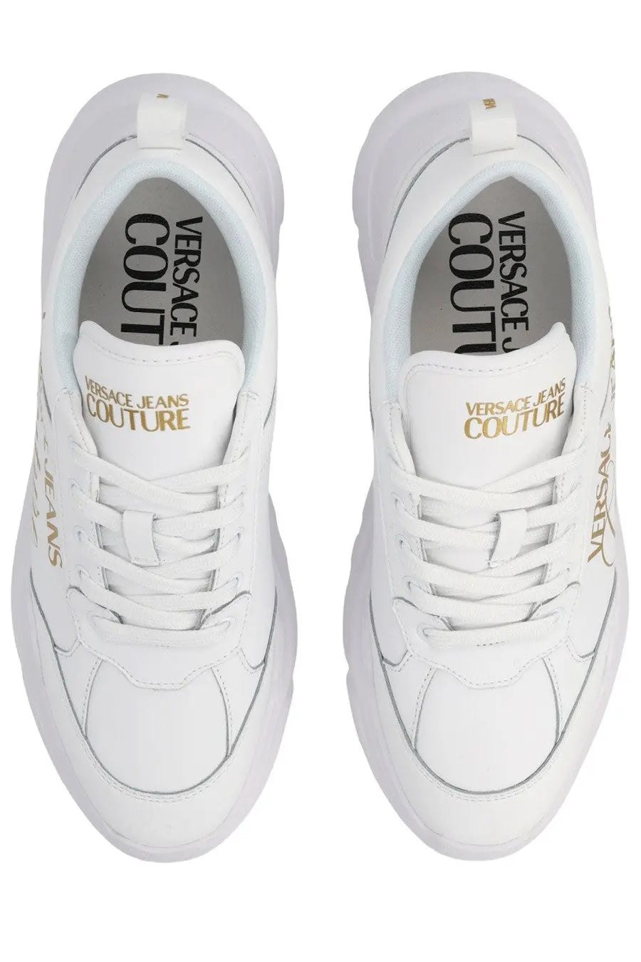 Versace Jeans Couture women’s white sneaker with gold branding and chunky sole in con white style