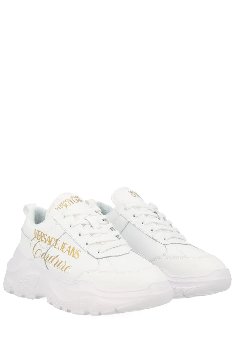 Versace jeans couture women’s white leather sneakers with gold lettering and chunky sole