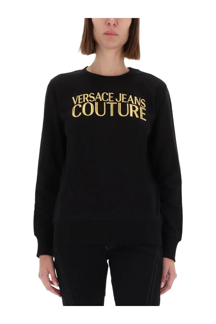 Versace Jeans Couture women’s black long-sleeved sweatshirt with gold embroidered logo on the chest